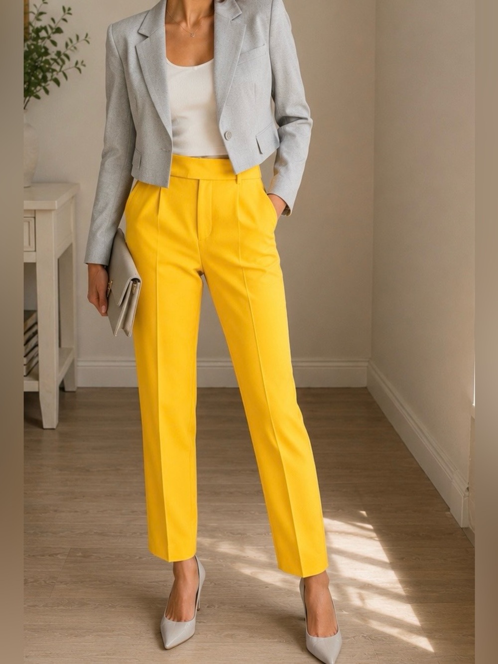 Zara Bright Yellow High-Waist Straight Trousers